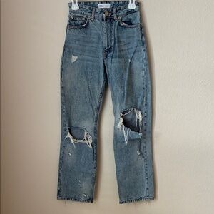 Zara Blue Straight Jeans with Distressed Details